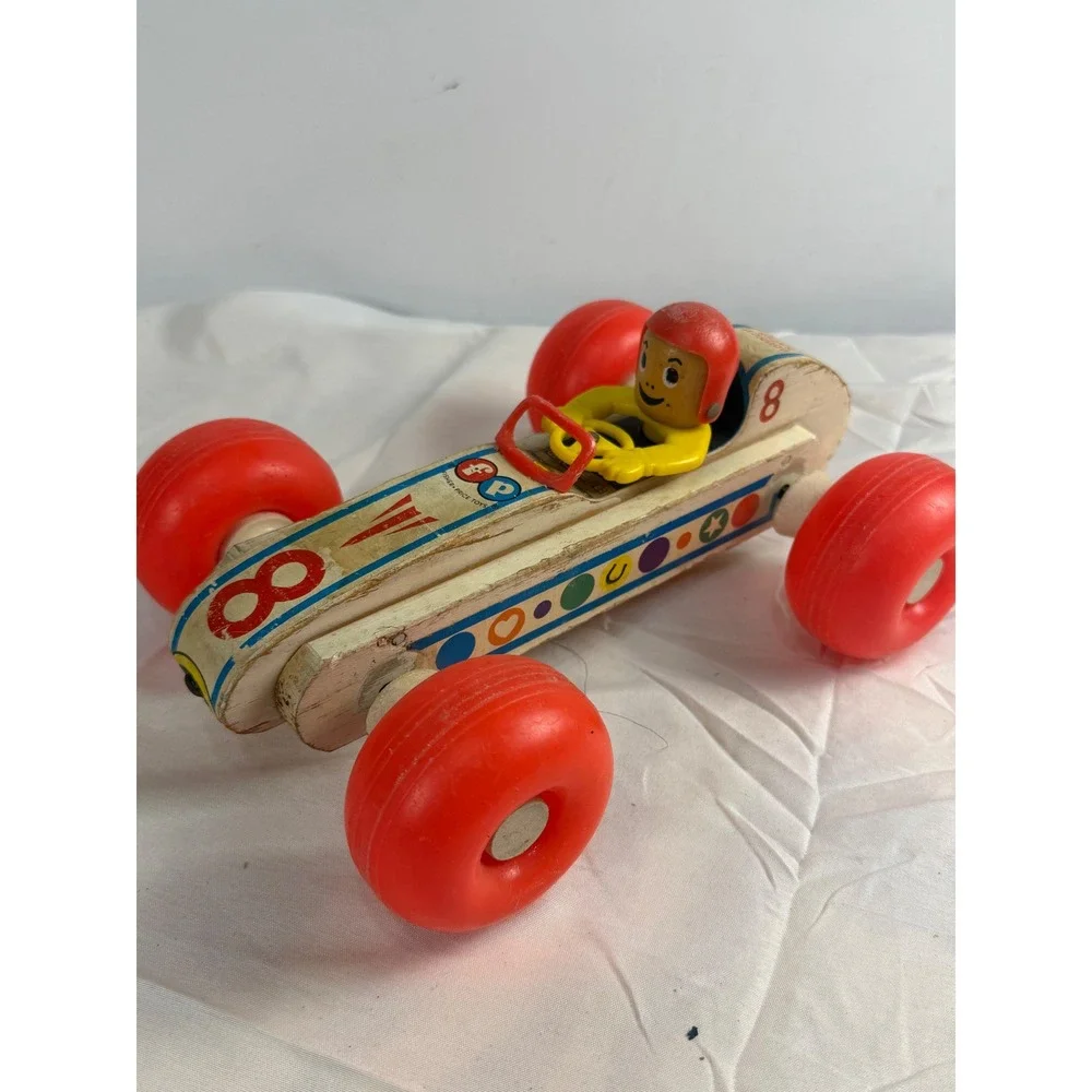 Vintage Fisher Price Bouncy Racer 8 Wooden Pull Toy Race Car 1970s Collectible